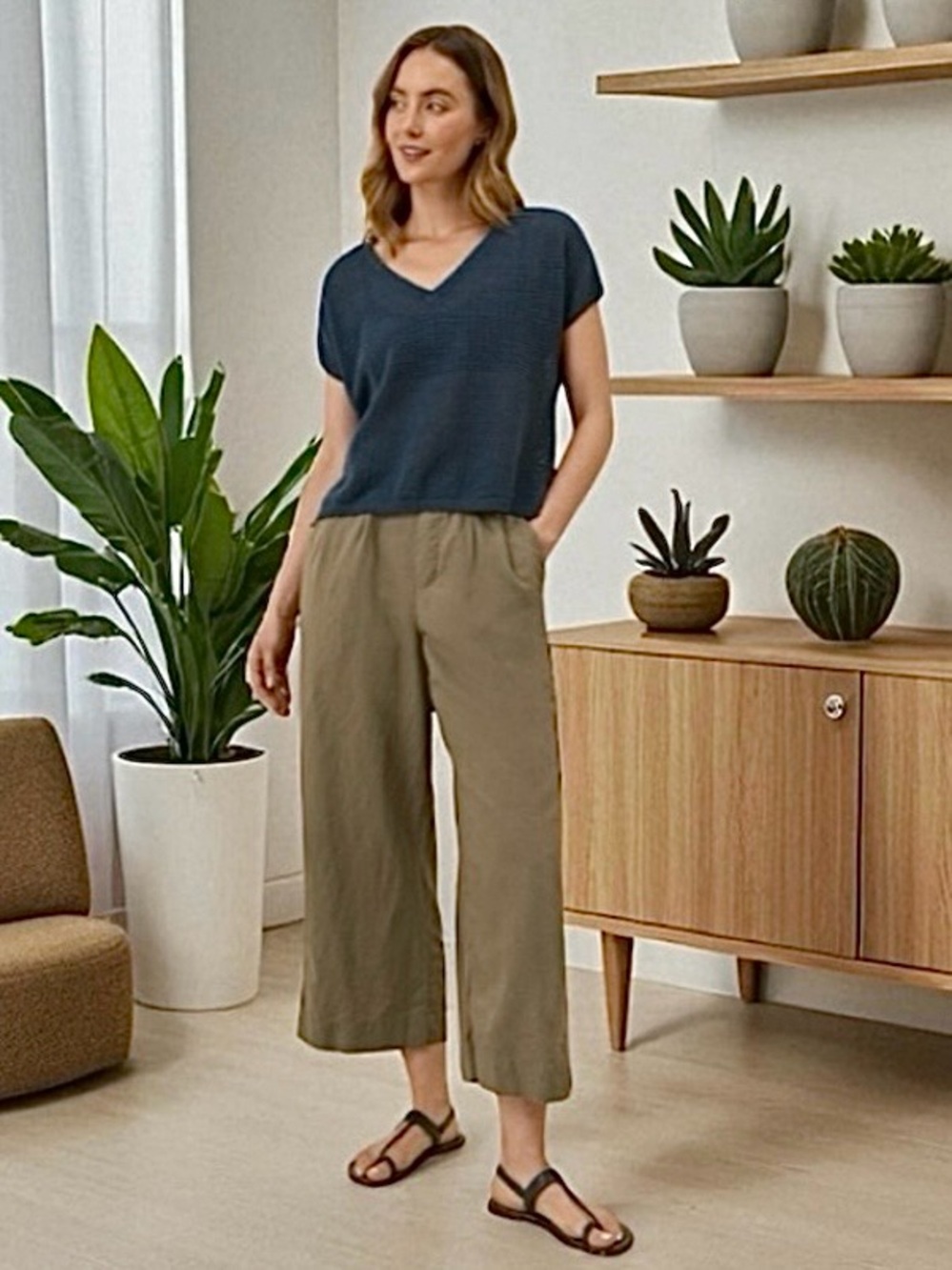PACT SIZE MEDIUM CANOPY 70% LINEN BLEND PLEATED TROUSER IN KHAKI GREEN - Picture 11 of 11